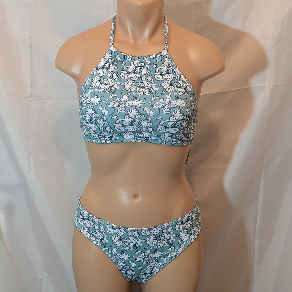 Ekouaer Light Teal and White Floral Halter Bikini Set With Sarong NWT